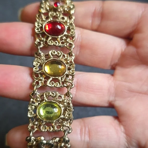 Vintage Gold Tone Ornate Bracelet with Multicolor Stones VGUC - Picture 9 of 14